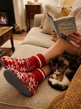 NEW 7.5 Cozy Red Nordic Slipper Socks - Home Holiday Christmas Womens